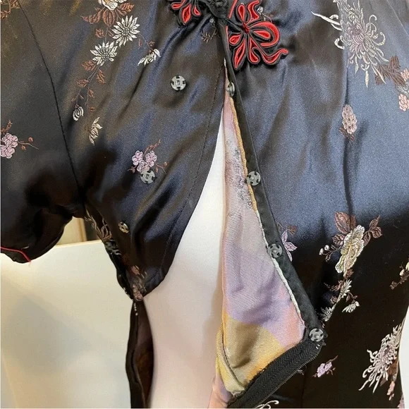 Vintage 90s SOLZ Squirrel Black Floral Satin Cheongsam Maxi Dress Size 34 Small